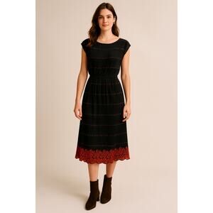 Vintage 80's Womans S Plisse Pleated Midi Dress Dark Floral Elastic Waist Black